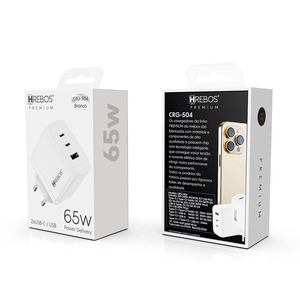 CARREGADOR HREBOS PREMIUM 65W - USB + DUAL USB-C + CABO TYPE-C X LIGHTNING - CRG-504 I