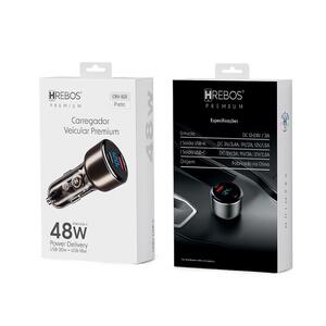 CARREGADOR HREBOS VEICULAR PREMIUM 48W - USB-C + USB - CRV-501