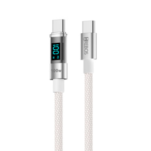 CABO HREBOS TECH LED PREMIUM COM VISOR DE POTENCIA - TYPE-C X LIGHTNING (IPHONE) - BRANCO - CB-371I