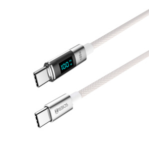 CABO HREBOS TECH LED PREMIUM COM VISOR DE POTENCIA - TYPE-C X LIGHTNING (IPHONE) - BRANCO - CB-371I