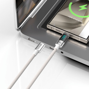 CABO HREBOS TECH LED PREMIUM COM VISOR DE POTENCIA - TYPE-C X LIGHTNING (IPHONE) - BRANCO - CB-371I