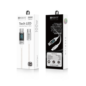 CABO HREBOS TECH LED PREMIUM COM VISOR DE POTENCIA - TYPE-C X TYPE-C - BRANCO 1METRO - CB-371 C